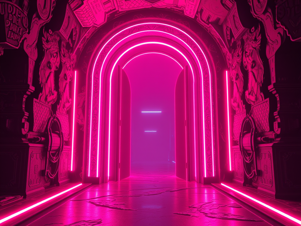 A neon glow illuminates a corridor leading up to the threshold of a door. Une lueur néon éclaire un couloir menant au seuil d'une porte.